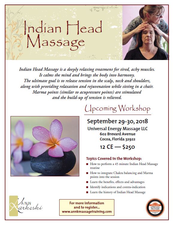 Indian Head Massage Flyer Florida 2018 Universal Energy Massage